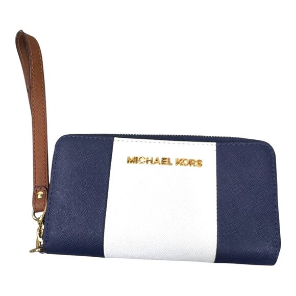 Michael Kors Navy Blue White Stripe Jet Set Leather Wallet Wristlet Compact EUC - Picture 1 of 10